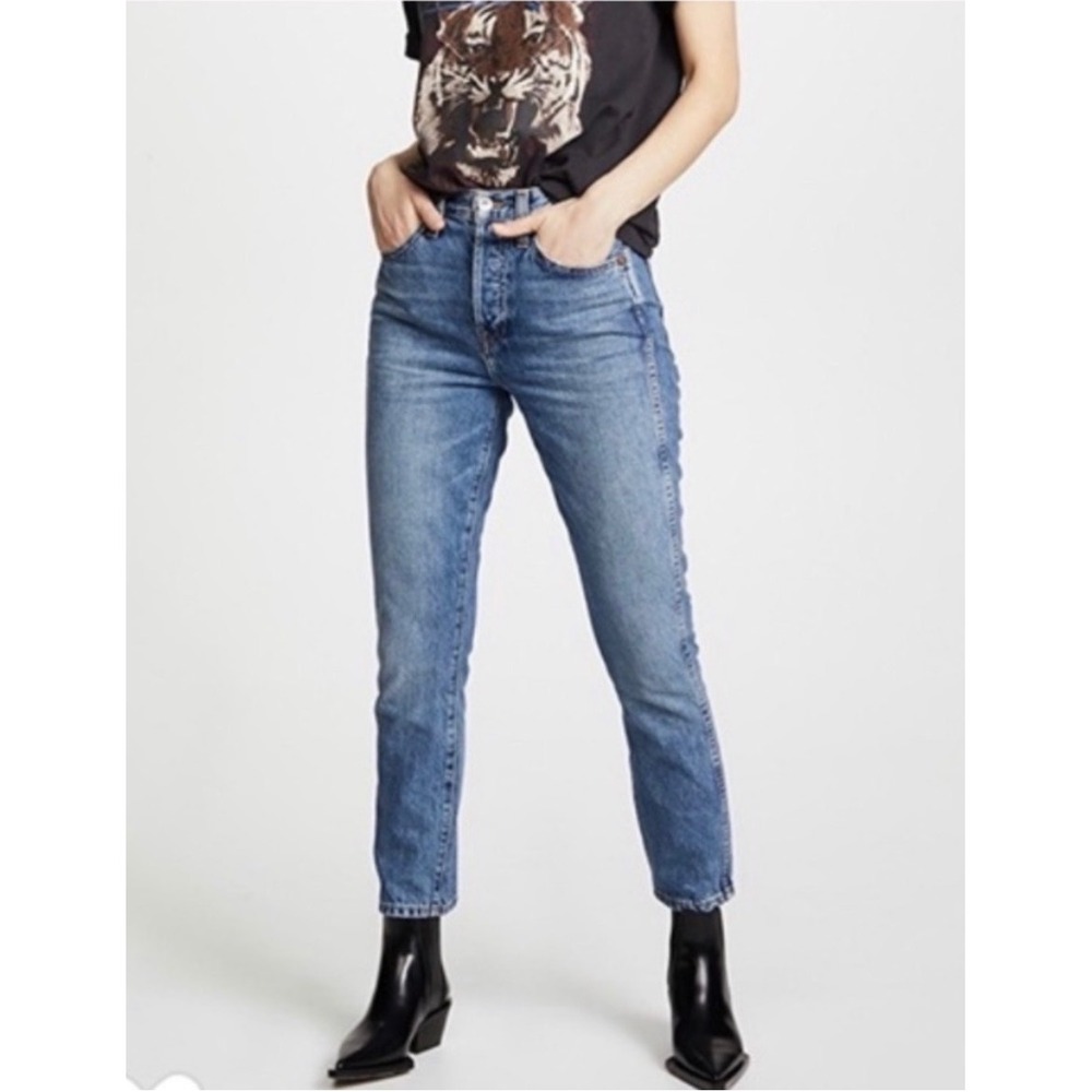 RE/DONE Double‎ Needle Crop Jeans Dark Wash High Rise Straight Leg Size 25
